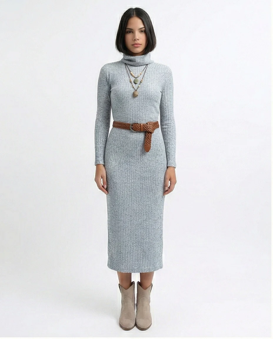 O201117 - Maxi Dress with Long Sleeves - Heather Light Grey - Image 3