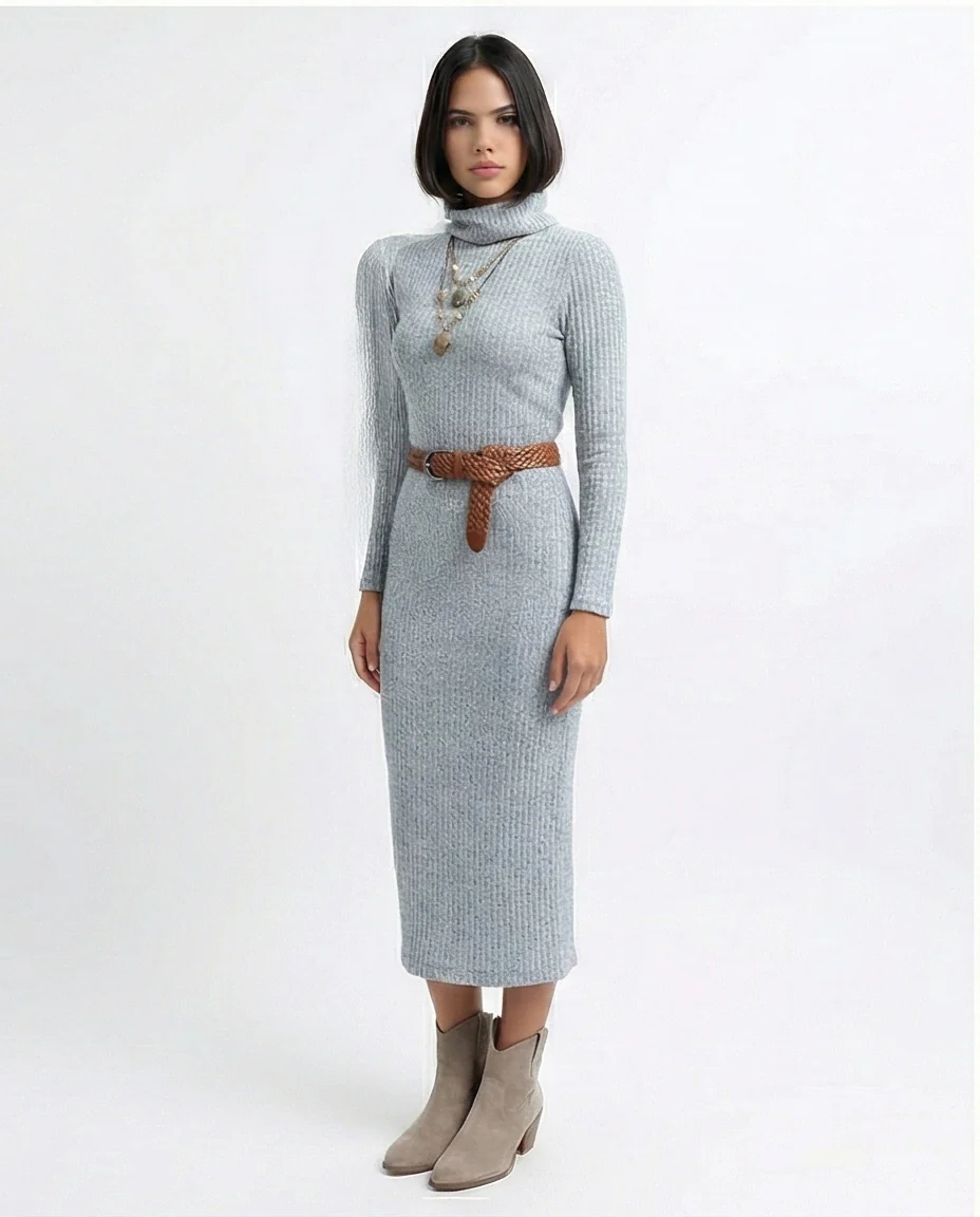 O201117 - Maxi Dress with Long Sleeves - Heather Light Grey - Image 4