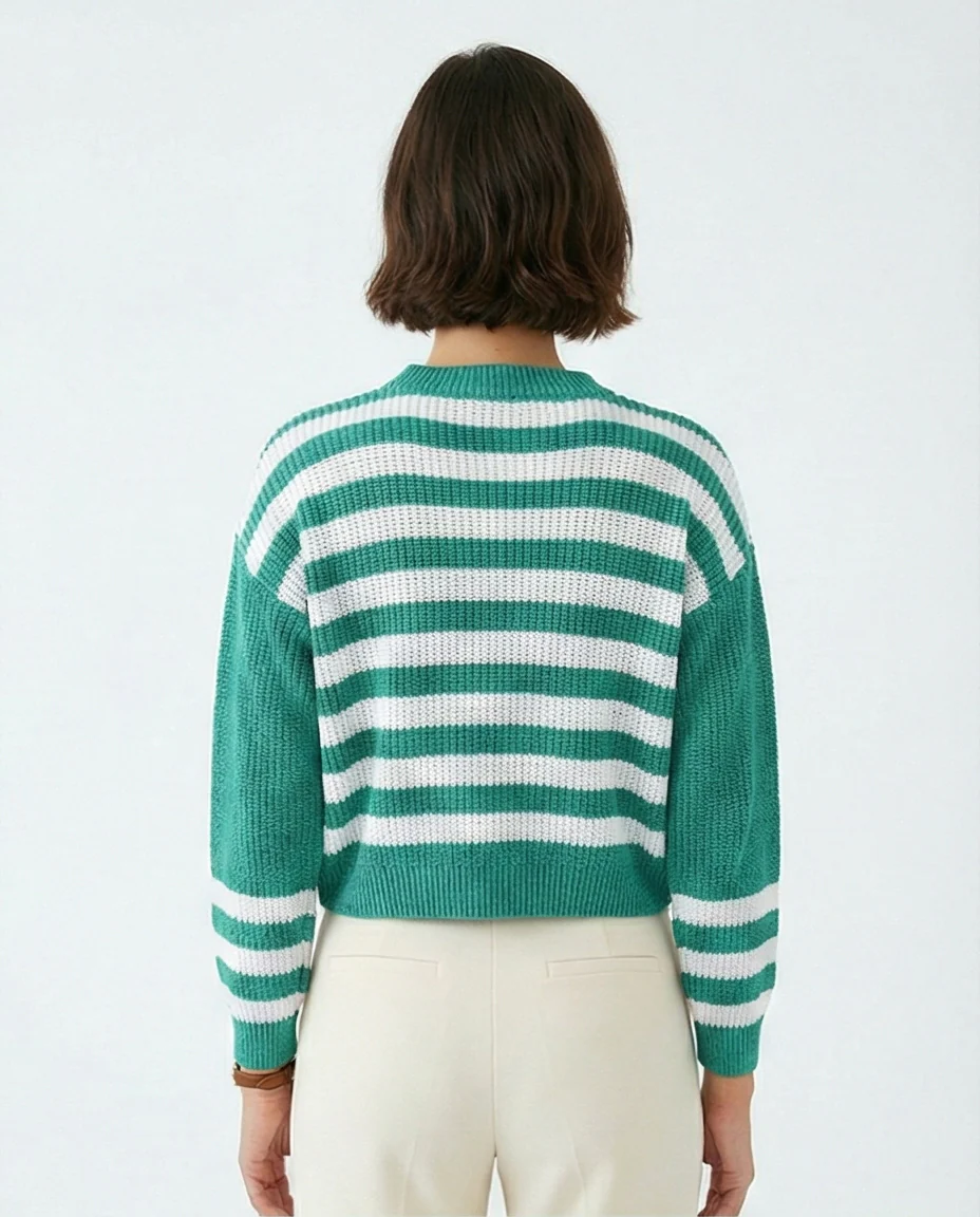 Striped Crew Neck Boxy Knit Sweater - GREEN - O201138 - Image 2