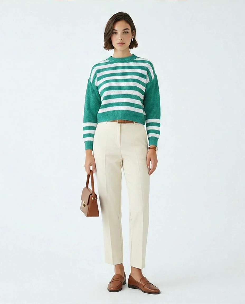Striped Crew Neck Boxy Knit Sweater - GREEN - O201138 - Image 3