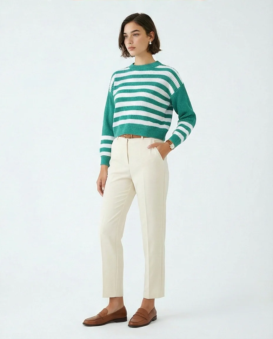 Striped Crew Neck Boxy Knit Sweater - GREEN - O201138 - Image 4