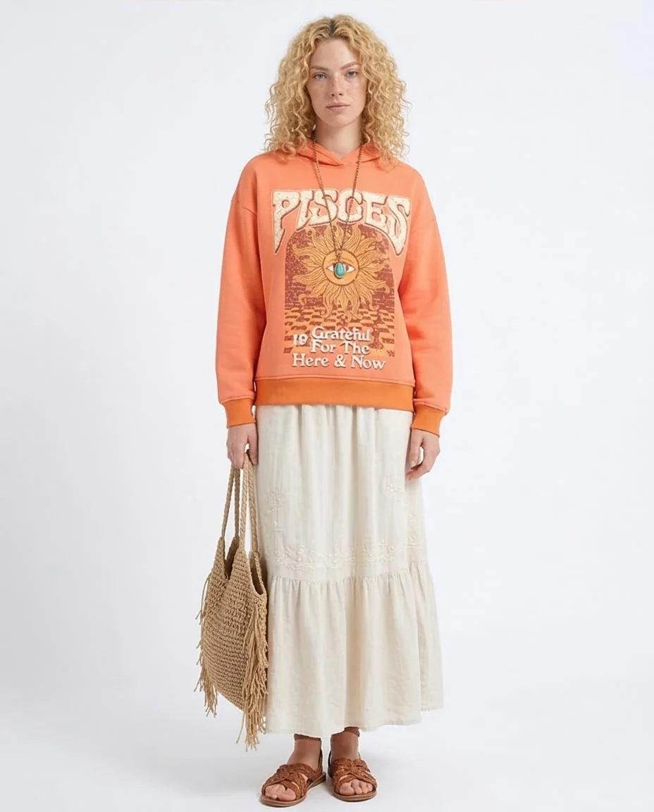 RAVIN Women’s "Pisces: Grateful" Oversized Graphic Hoodie – Coral & Orange - o201148 - Image 3
