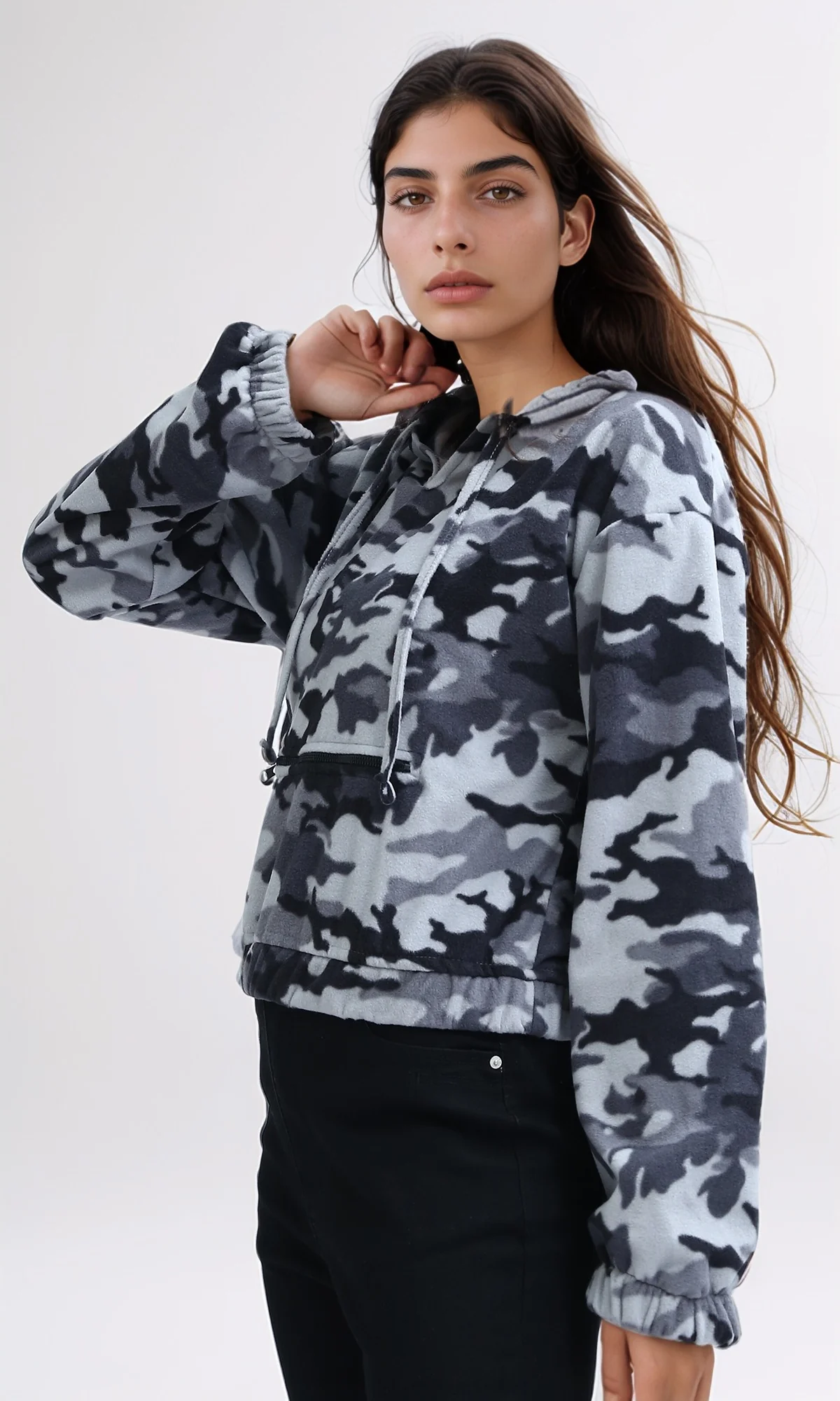 O201153 - Long Sleeves Cropped Camouflage Hoodie - Grey & White - Image 2