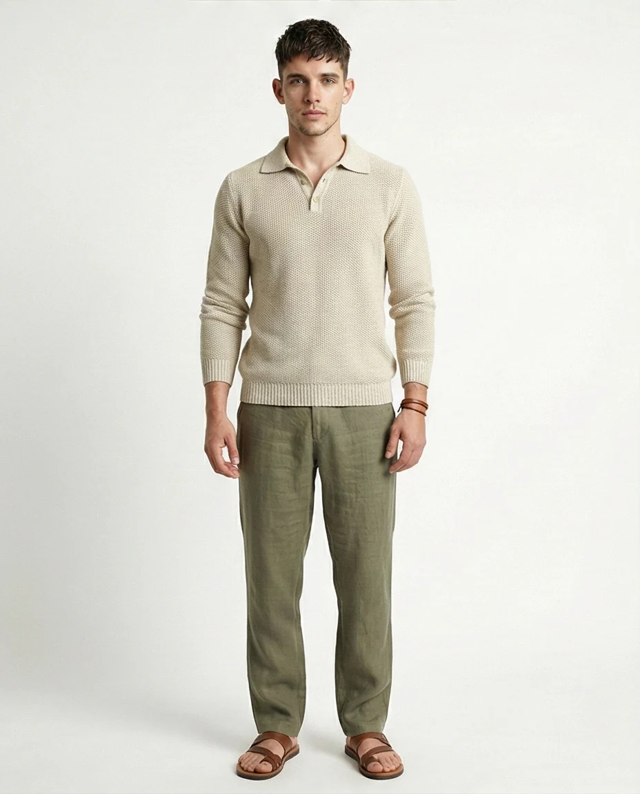 o201232 - Regular Fit Basic Pullover With Long sleeves - Beige - Image 3