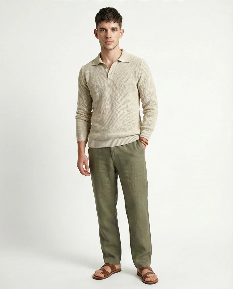 o201232 - Regular Fit Basic Pullover With Long sleeves - Beige - Image 4