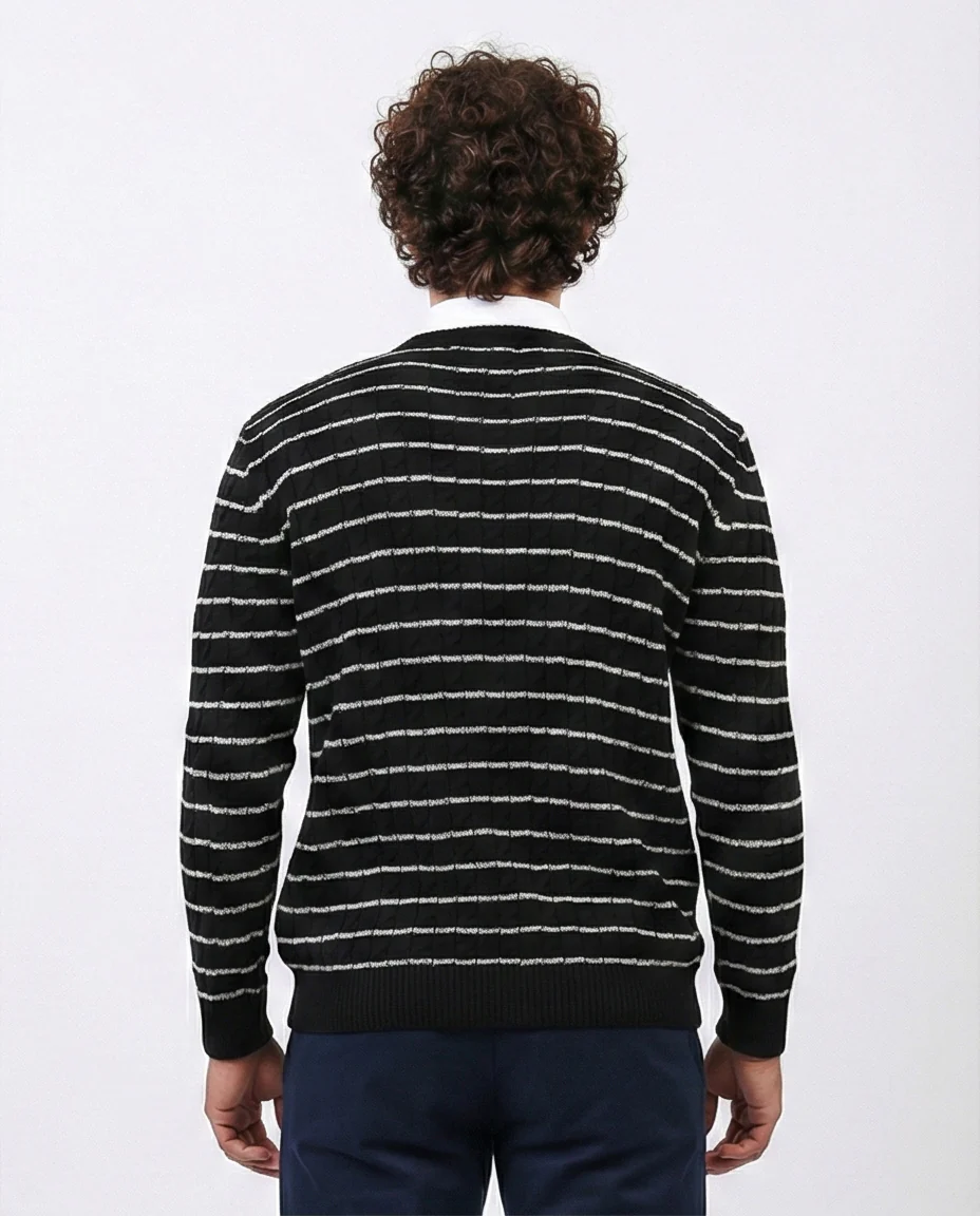 o201238 - Stripped Knitted Pullover - Black & White - Image 2