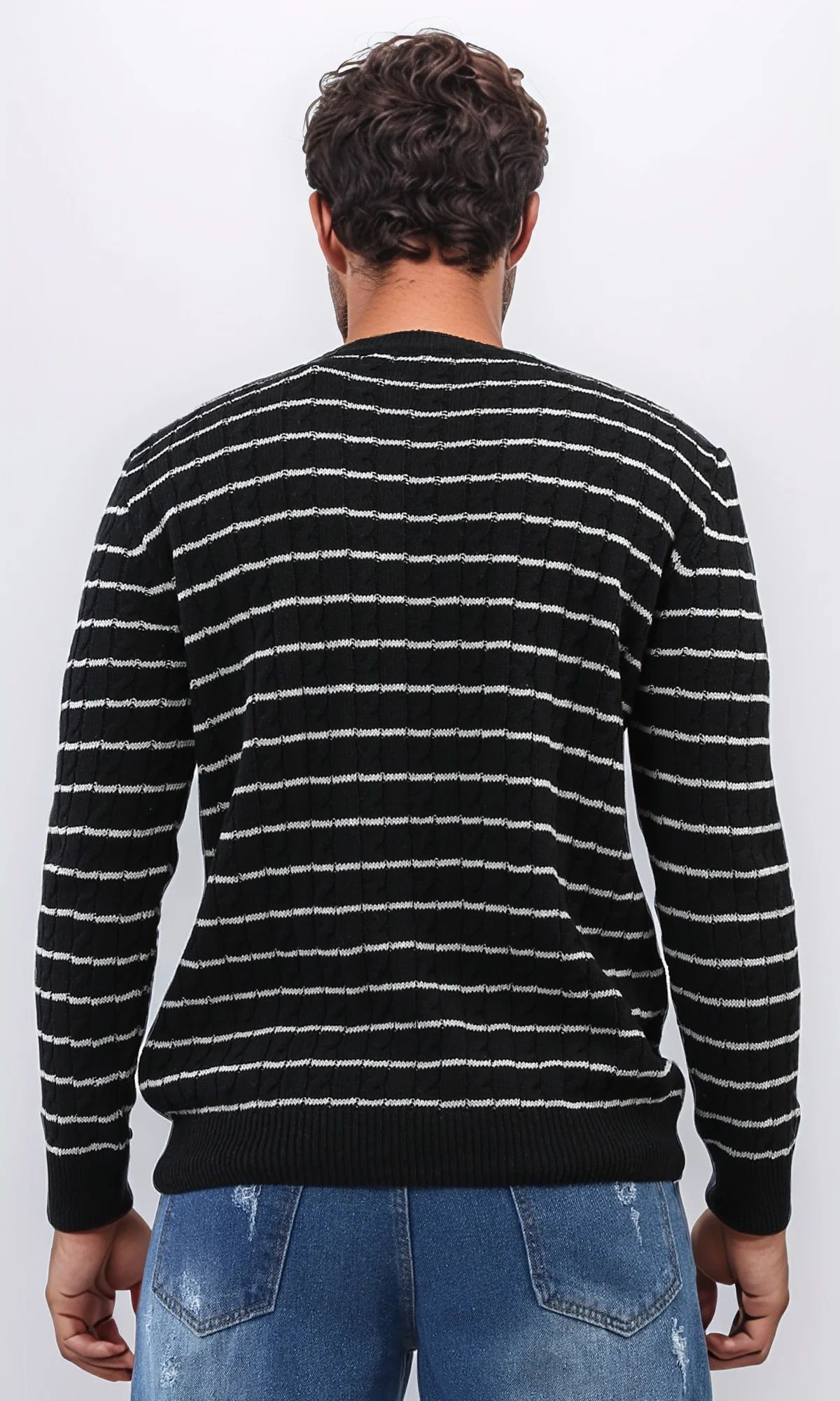o201238 - Stripped Knitted Pullover - Black & White - Image 3