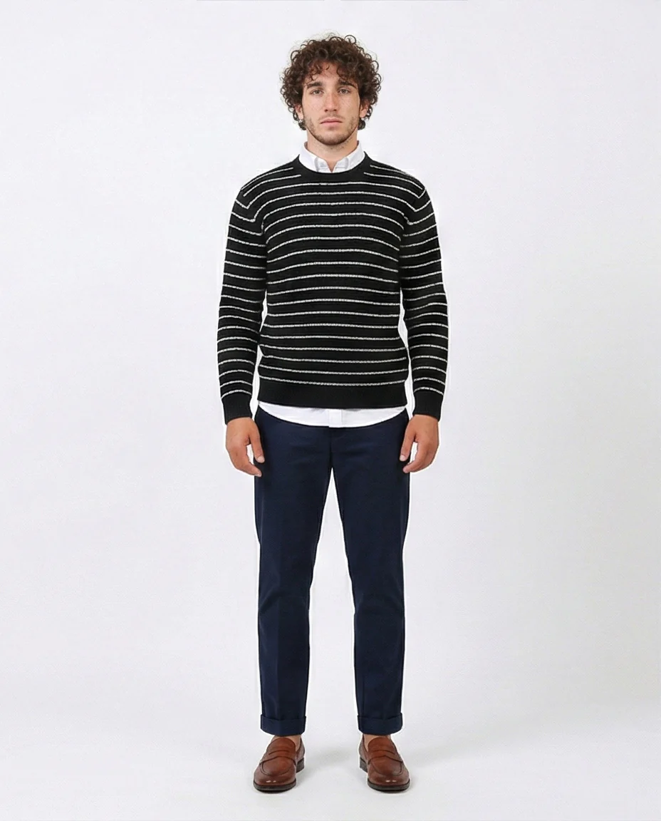 o201238 - Stripped Knitted Pullover - Black & White - Image 4