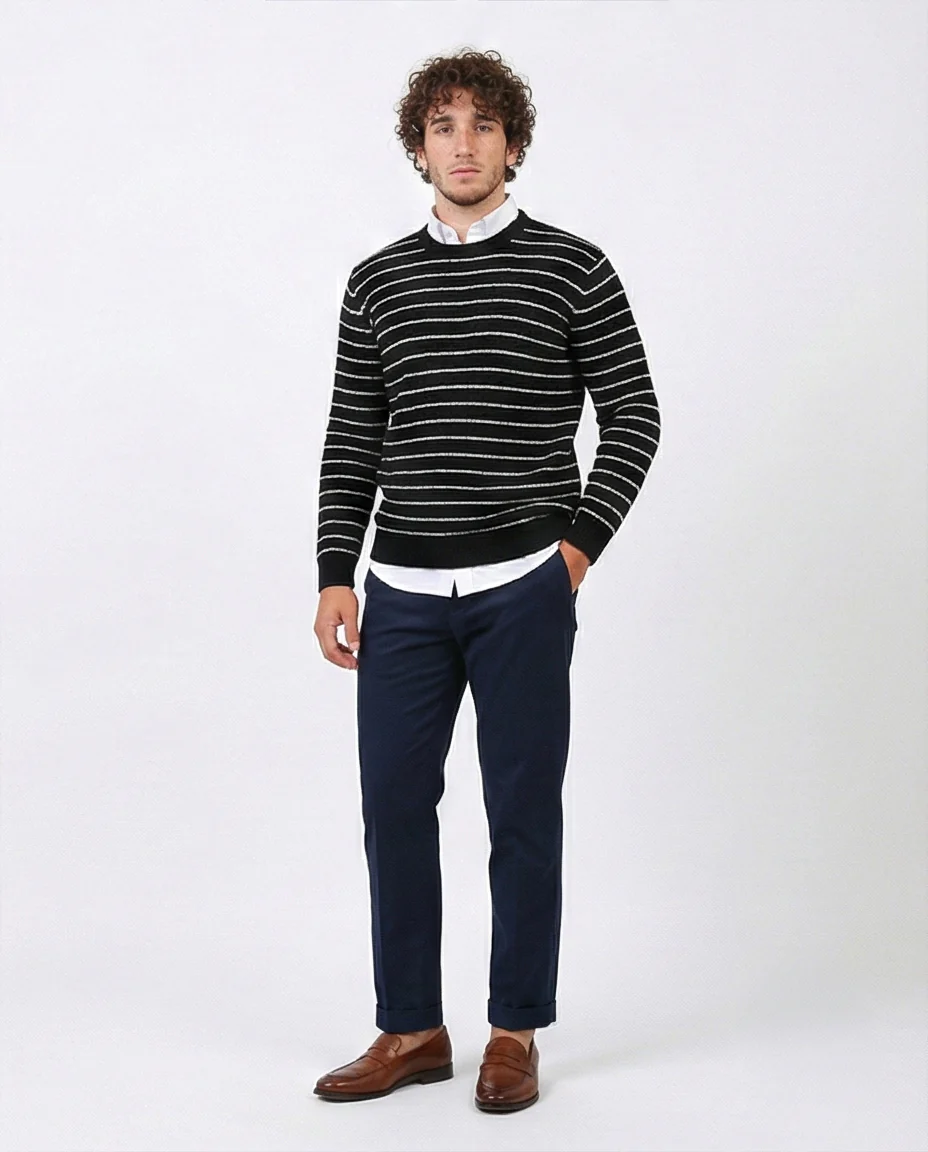 o201238 - Stripped Knitted Pullover - Black & White - Image 5