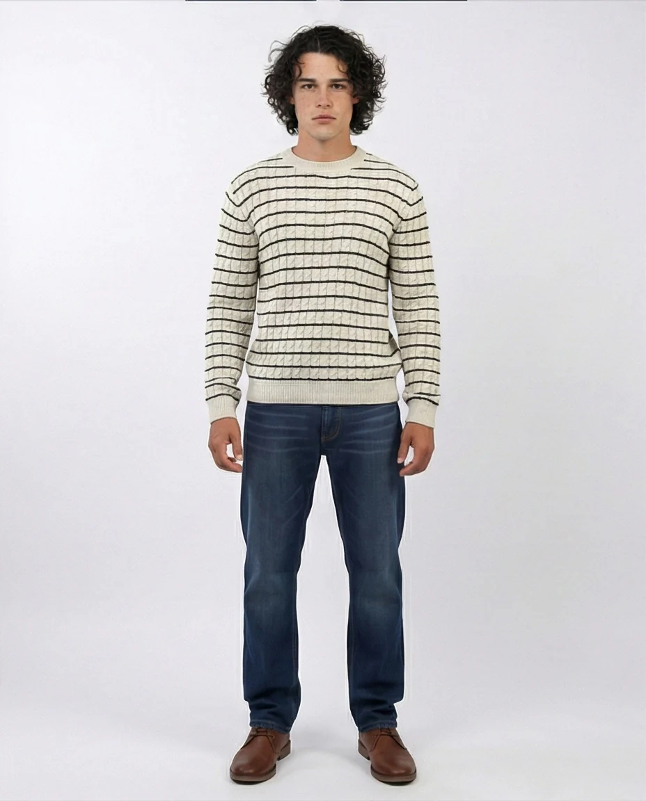 o201239 - Stripped Knitted Pullover - Beige & White - Image 3