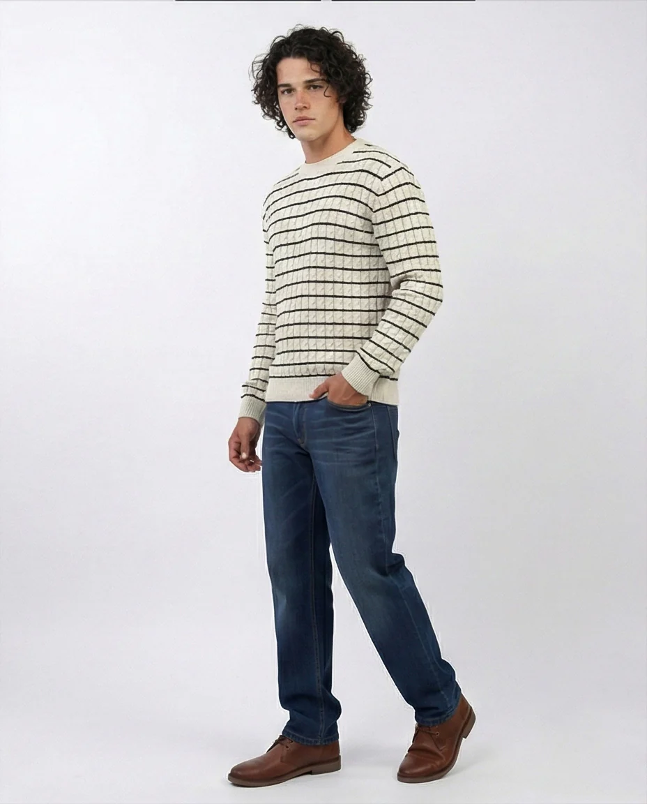 o201239 - Stripped Knitted Pullover - Beige & White - Image 4