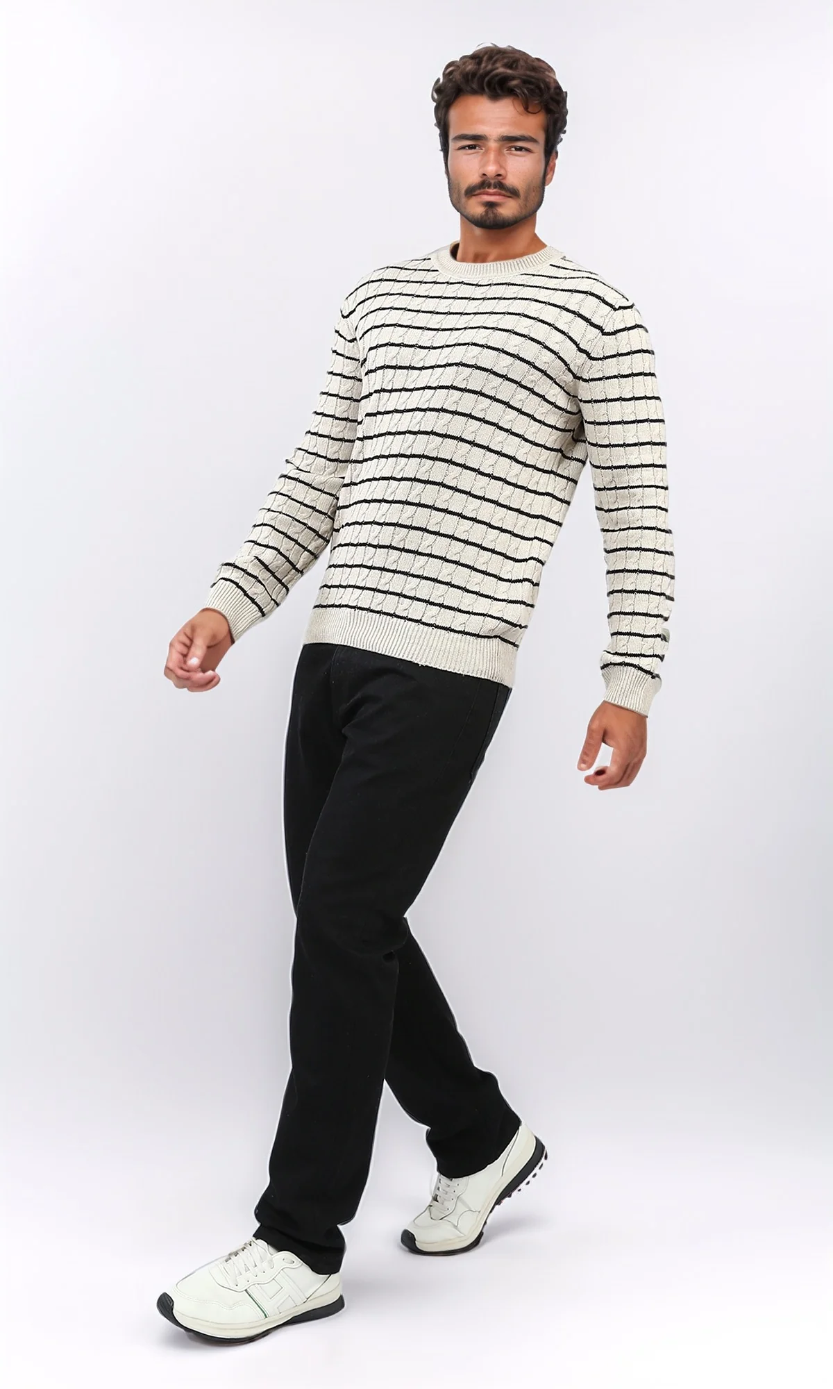 o201239 - Stripped Knitted Pullover - Beige & White - Image 5