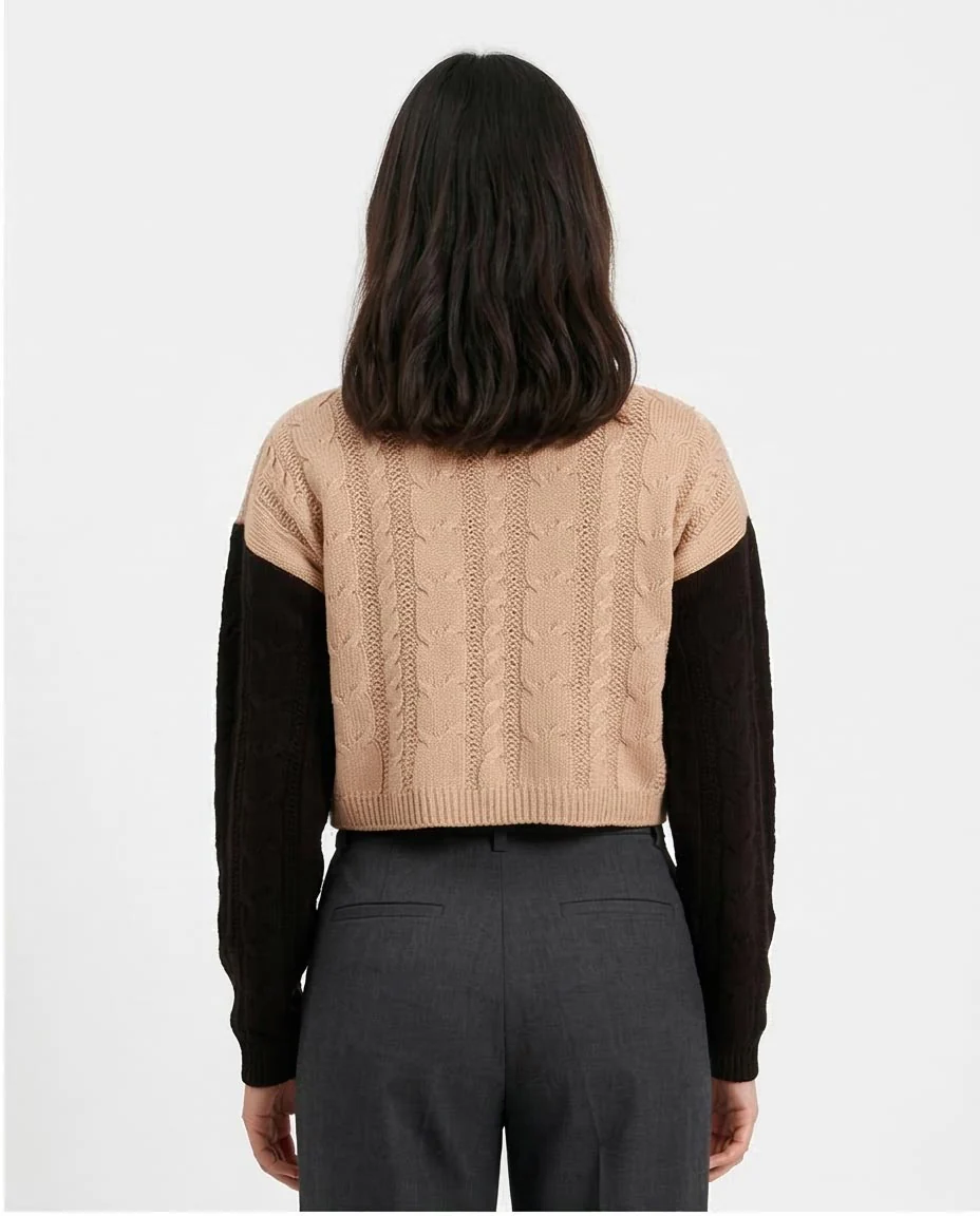 Ravin Two-Tone Cable Knit Cropped Sweater – Tan & Black - o201329 - Image 2
