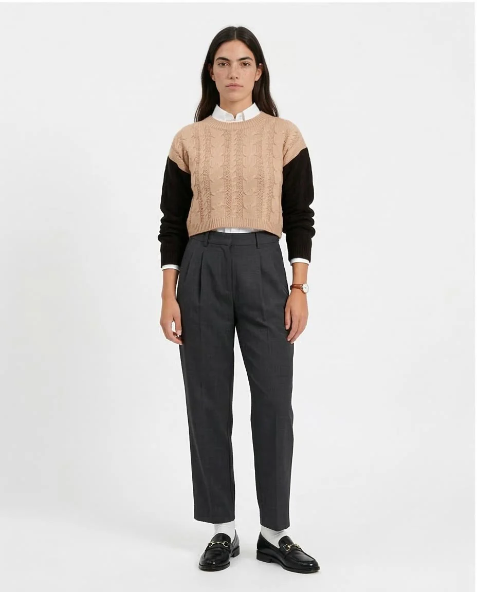Ravin Two-Tone Cable Knit Cropped Sweater – Tan & Black - o201329 - Image 3