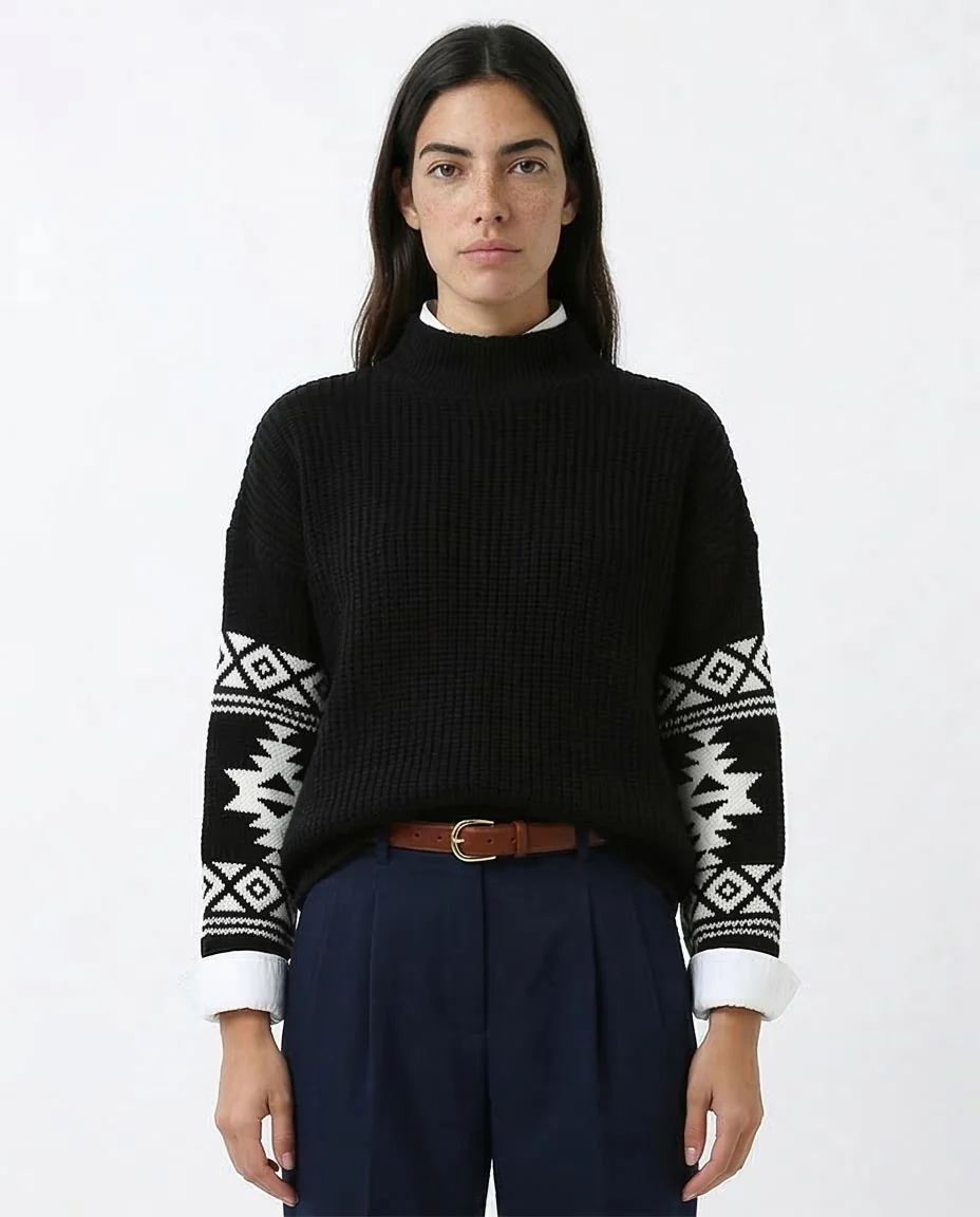 Ravin Women’s Aztec-Sleeve Ribbed Mock Neck Sweater - Black - O201330