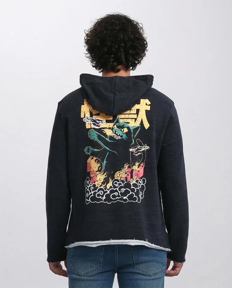 RAVIN Men’s Kaiju Cat Graphic Hoodie – Distressed Streetwear Edition - O202178 - Image 2