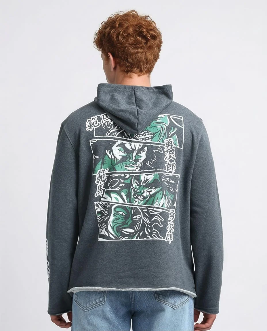 Ravin x Baki: Yujiro Hanma Raw-Edge Graphic Hoodie - Heather Dark Grey - O202179 - Image 2