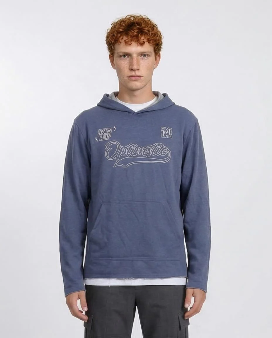 Ravin Men's "Optimistic" Graphic Hoodie – Lightweight Heather Knit with Raw-Edge Double Hem - O202181