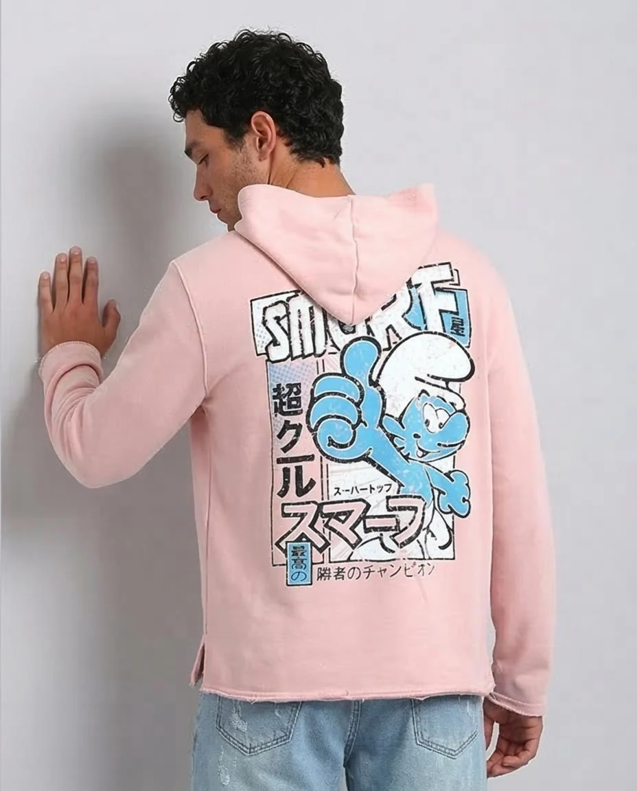 RAVIN x Smurfs | "Super Cool" Raw-Edge Graphic Hoodie - Rose - O202186 - Image 2
