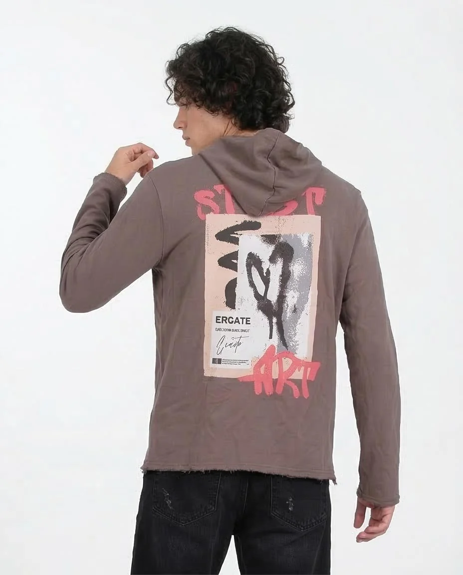 Ravin Men's Mushroom Brown Street Art Graphic Hoodie - Raw Hem Grunge Collection - O202189 - Image 2