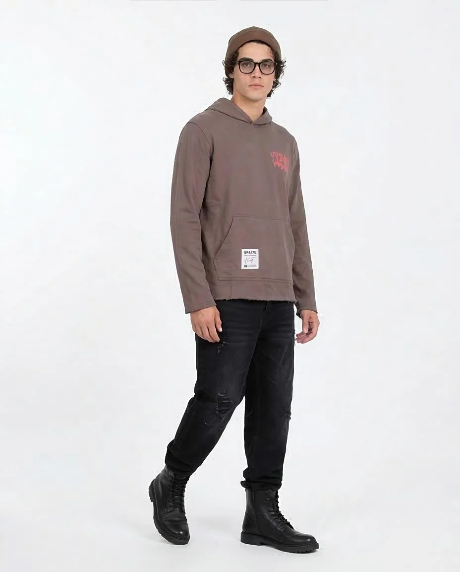 Ravin Men's Mushroom Brown Street Art Graphic Hoodie - Raw Hem Grunge Collection - O202189 - Image 4