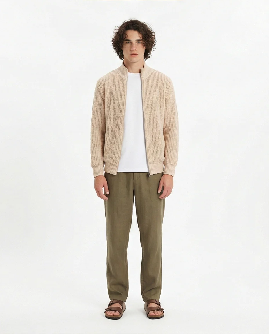 O202259-O202259 - Chunky Knit Zipper Sweater - Beige - Image 3