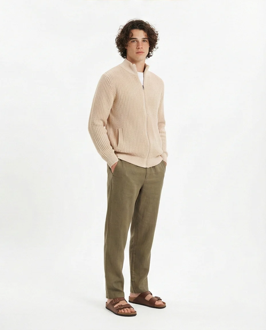 O202259-O202259 - Chunky Knit Zipper Sweater - Beige - Image 4