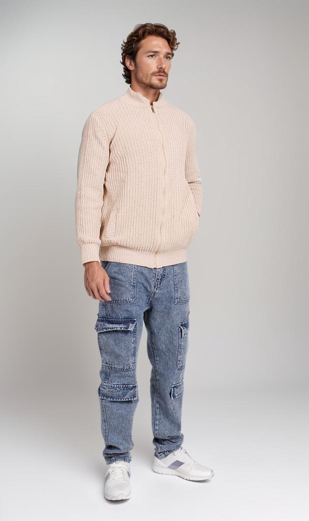 O202259-O202259 - Chunky Knit Zipper Sweater - Beige - Image 5