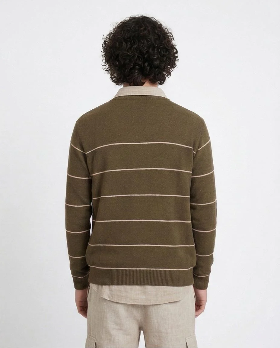 Ravin Men’s Olive Green Horizontal Striped Crewneck Knit Sweater - O202261 - Image 2