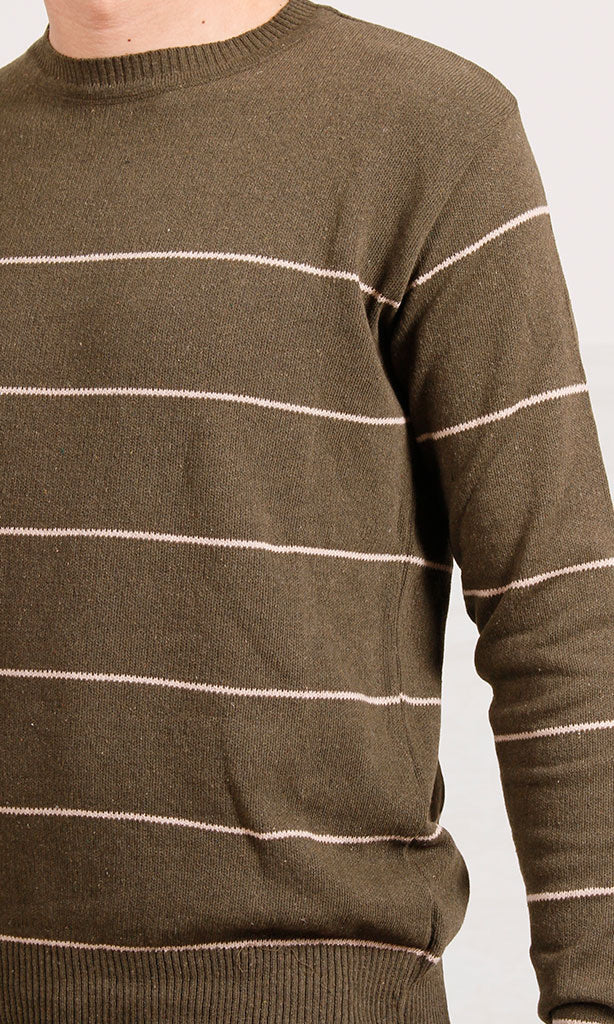 Ravin Men’s Olive Green Horizontal Striped Crewneck Knit Sweater - O202261 - Image 3