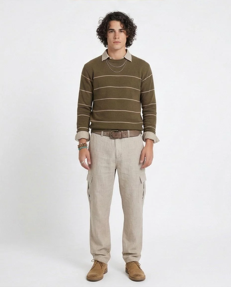 Ravin Men’s Olive Green Horizontal Striped Crewneck Knit Sweater - O202261 - Image 4
