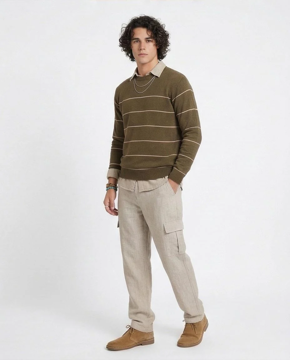 Ravin Men’s Olive Green Horizontal Striped Crewneck Knit Sweater - O202261 - Image 5