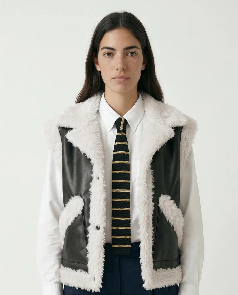 Ravin Faux Leather & Shearling Trimmed Biker Vest - Black & White - O202292