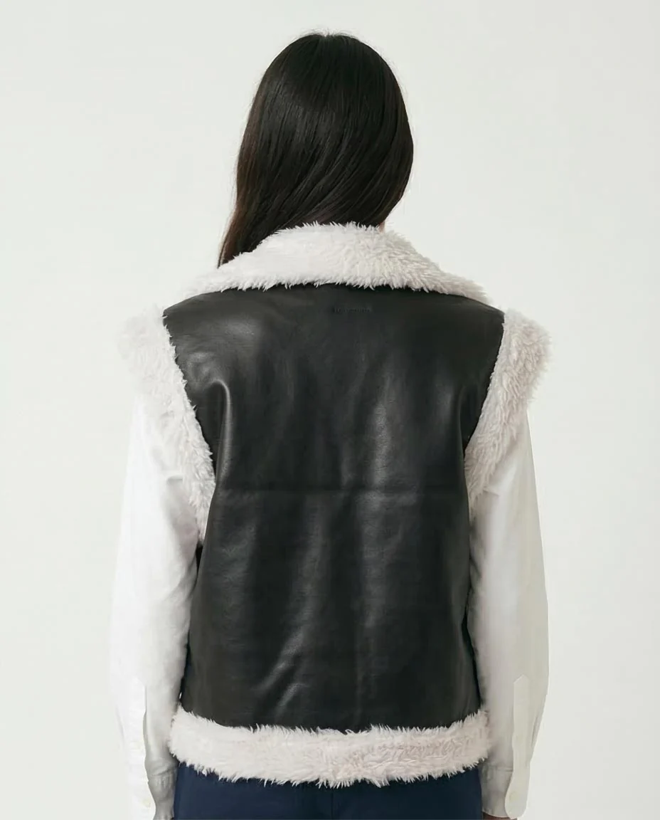 Ravin Faux Leather & Shearling Trimmed Biker Vest - Black & White - O202292 - Image 2