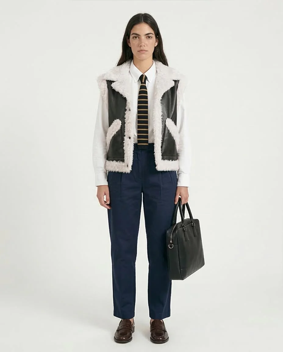 Ravin Faux Leather & Shearling Trimmed Biker Vest - Black & White - O202292 - Image 3
