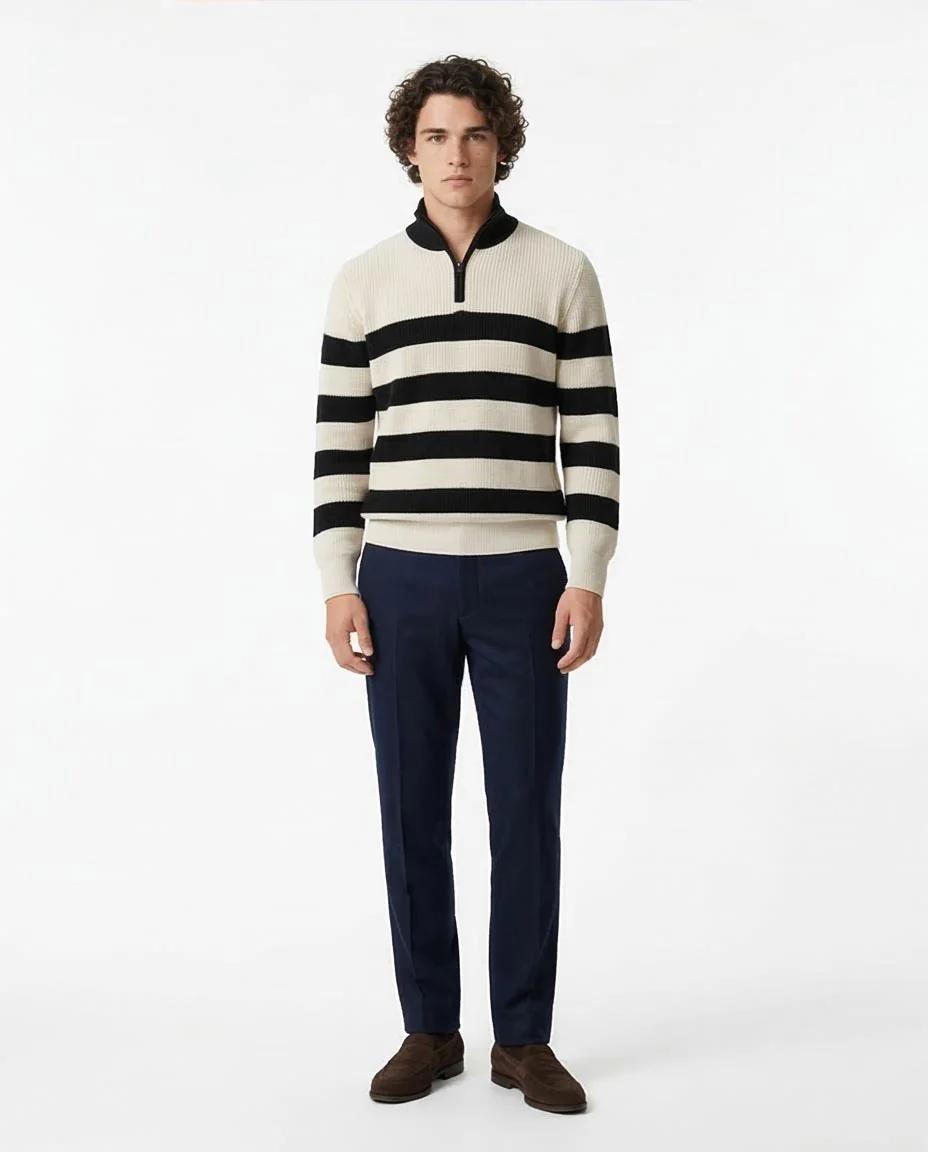 RAVIN Men’s Breton Stripe Quarter-Zip Ribbed Knit Sweater - O202342 - Image 3