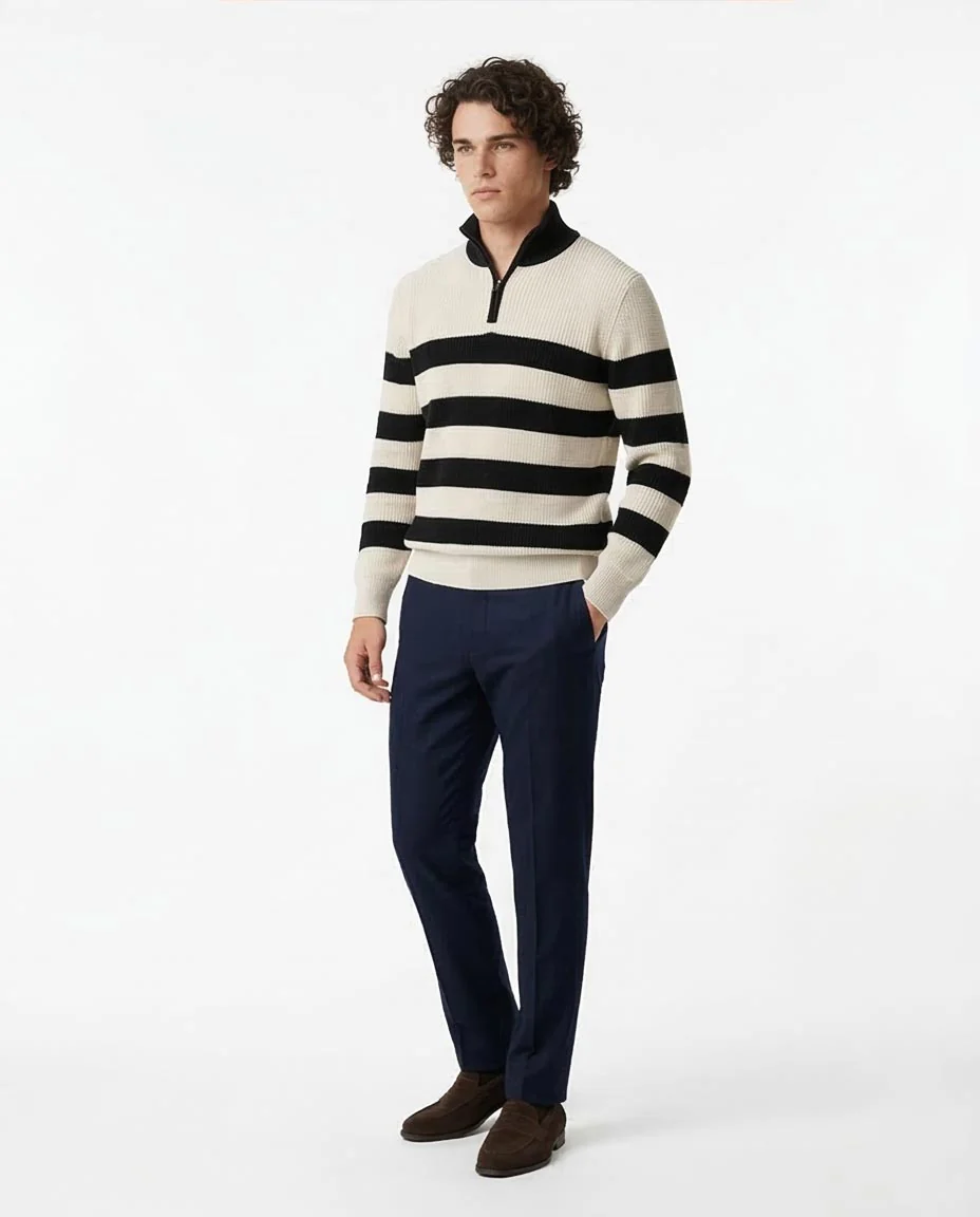 RAVIN Men’s Breton Stripe Quarter-Zip Ribbed Knit Sweater - O202342 - Image 4