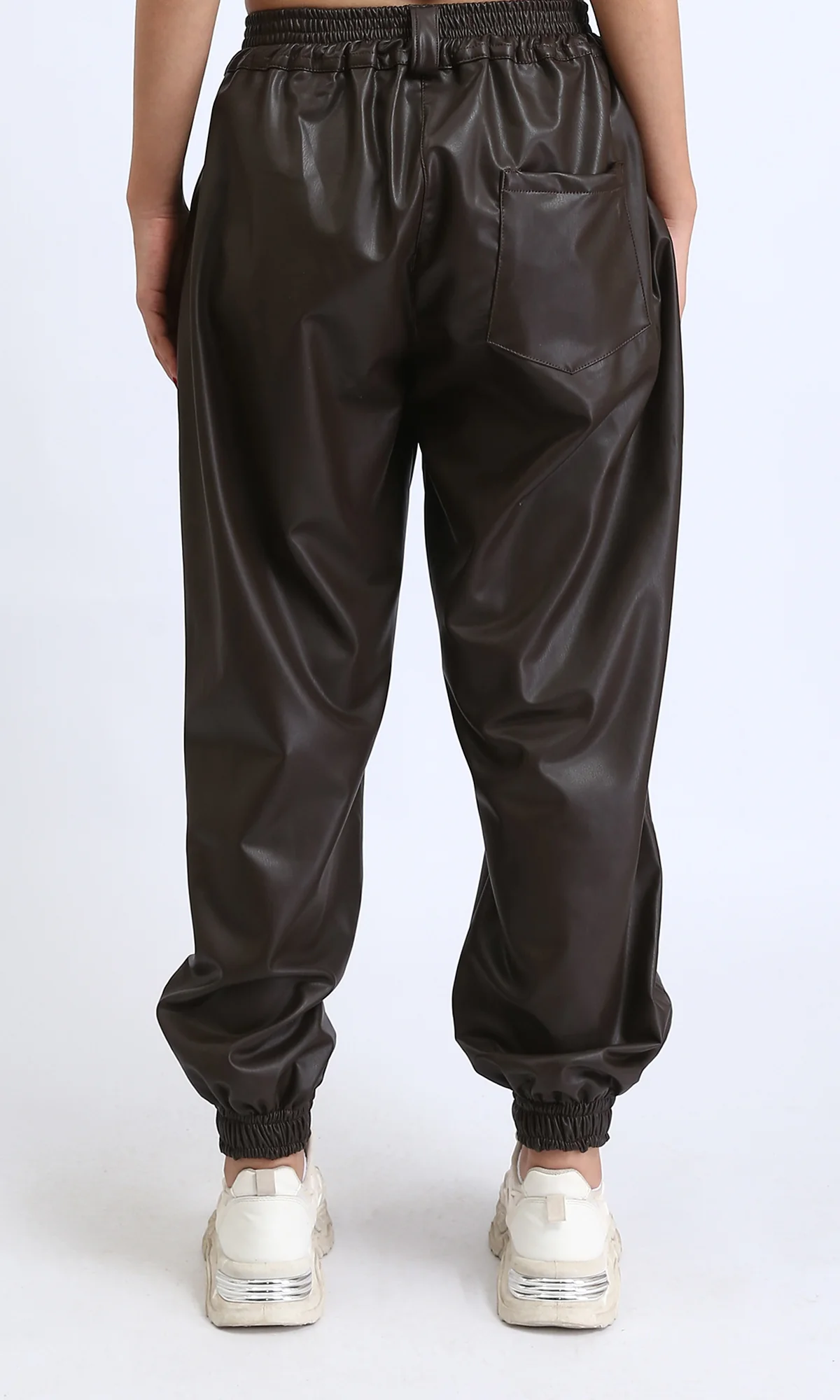 O202528 - Elastic Waist Leather Pants with Hem - Burnt Brown - Image 2