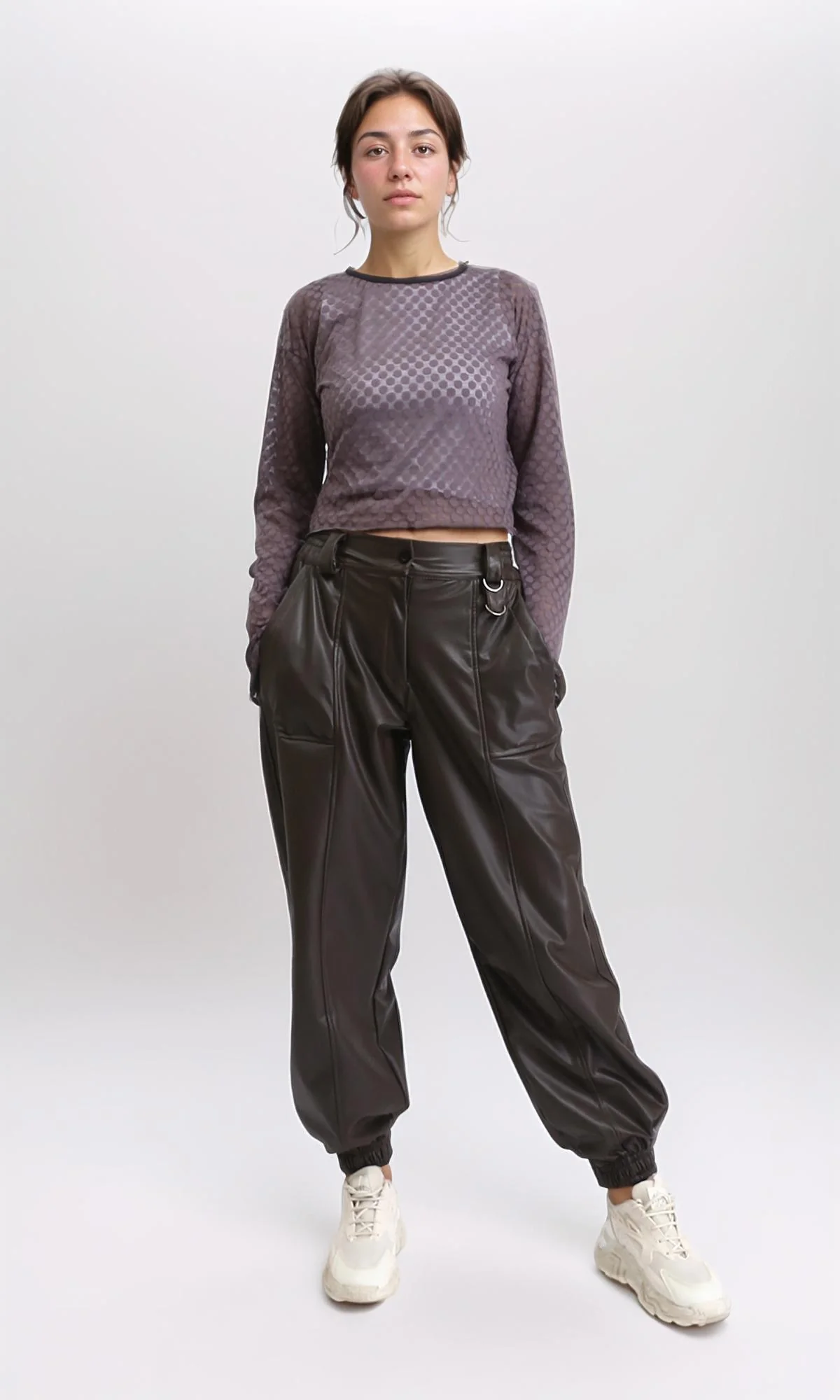 O202528 - Elastic Waist Leather Pants with Hem - Burnt Brown - Image 4