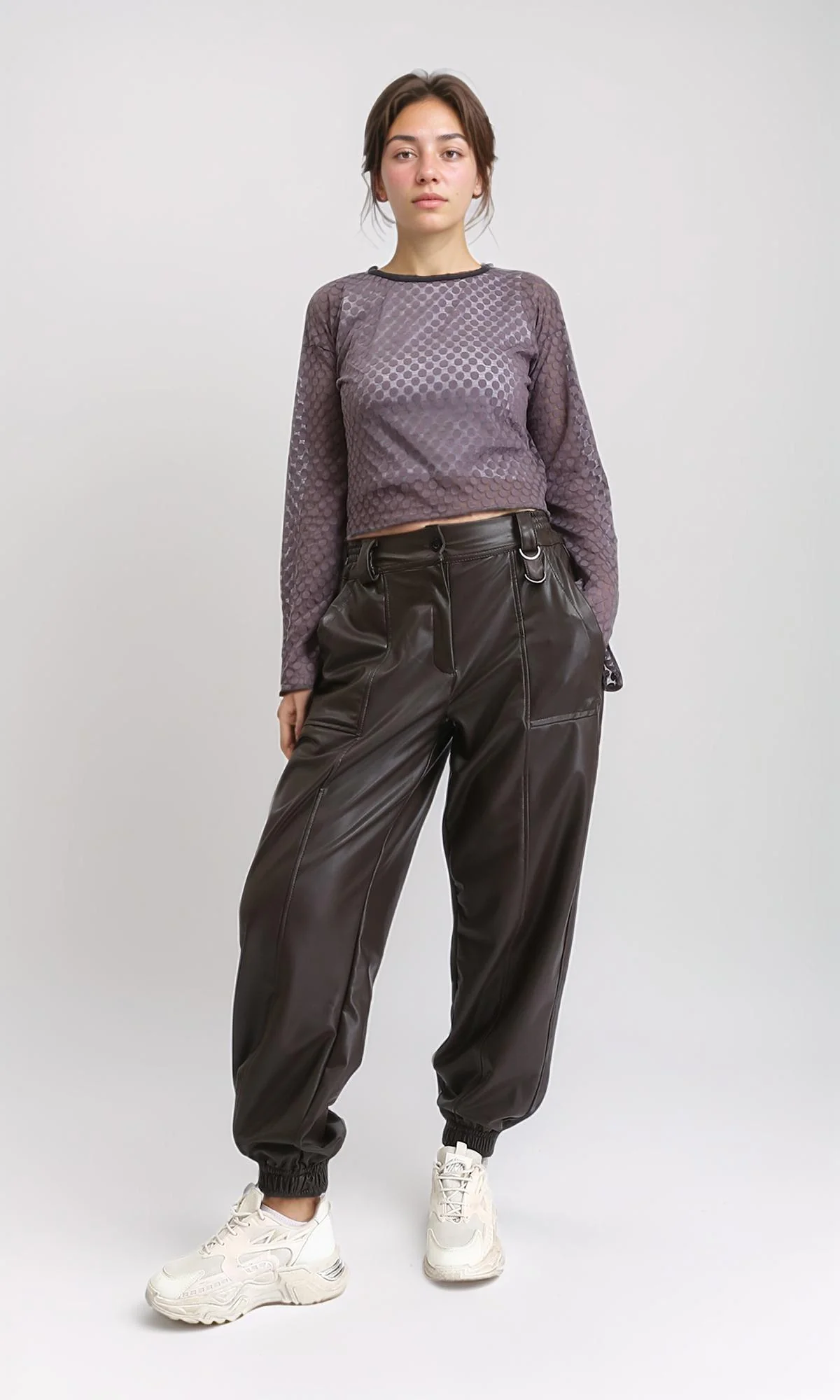 O202528 - Elastic Waist Leather Pants with Hem - Burnt Brown - Image 5