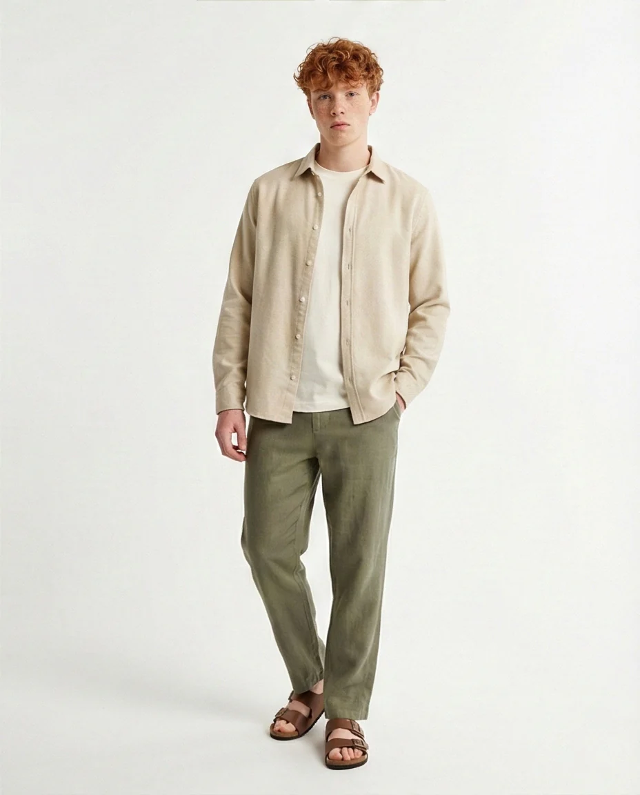 o203064 - Cotton Long Sleeves Button Down Shirt - Beige - Image 3