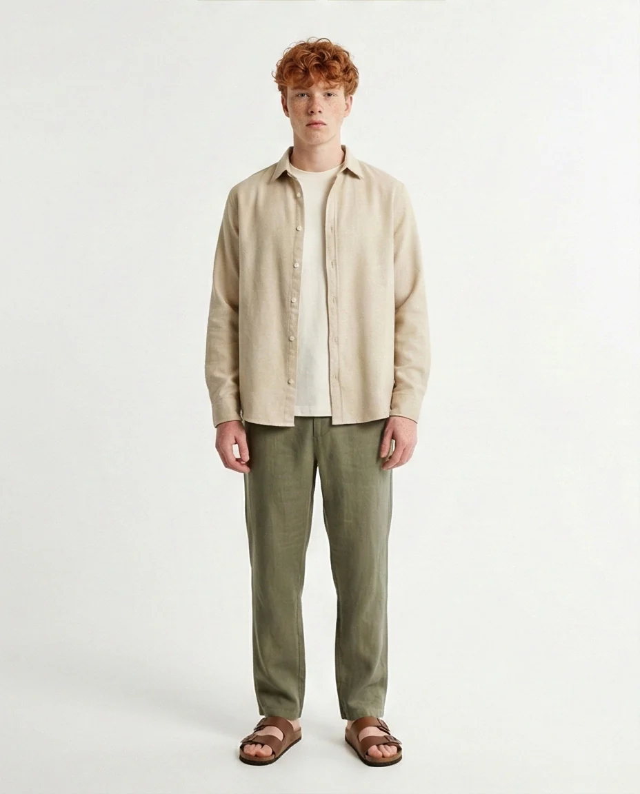 o203064 - Cotton Long Sleeves Button Down Shirt - Beige - Image 4