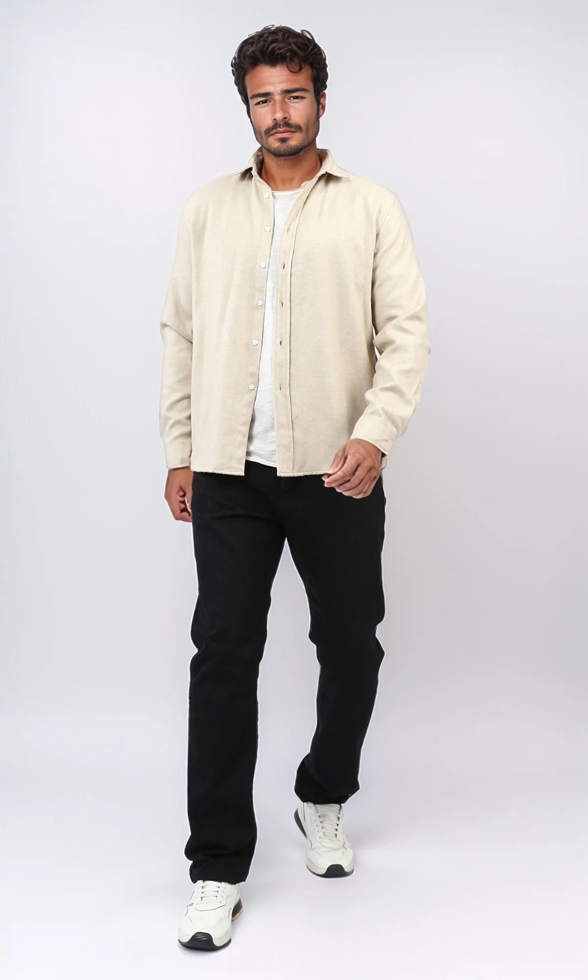 o203064 - Cotton Long Sleeves Button Down Shirt - Beige - Image 5