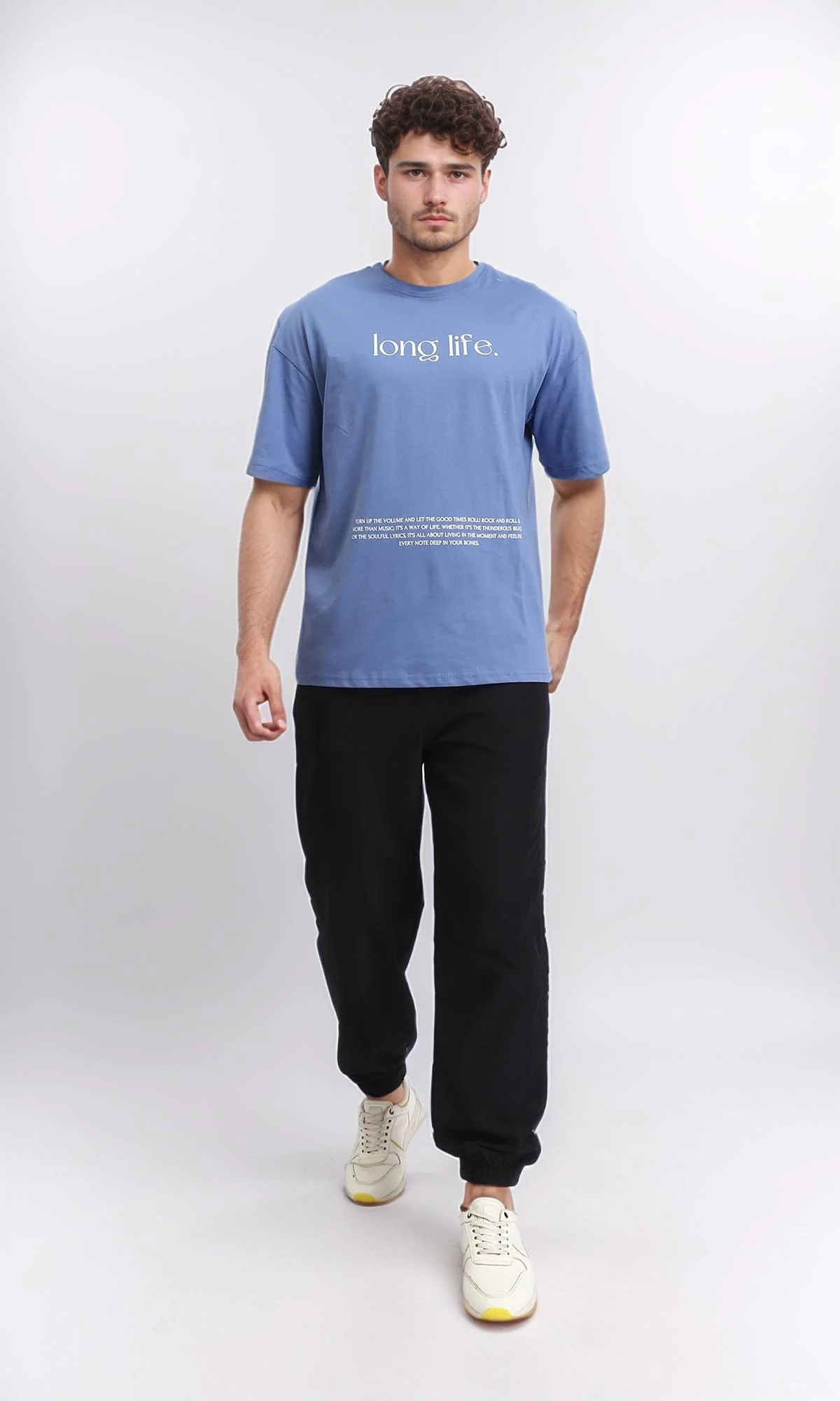 O203135 - Printed "Long Life" Relaxed Tee - Greyish Blue - Image 4