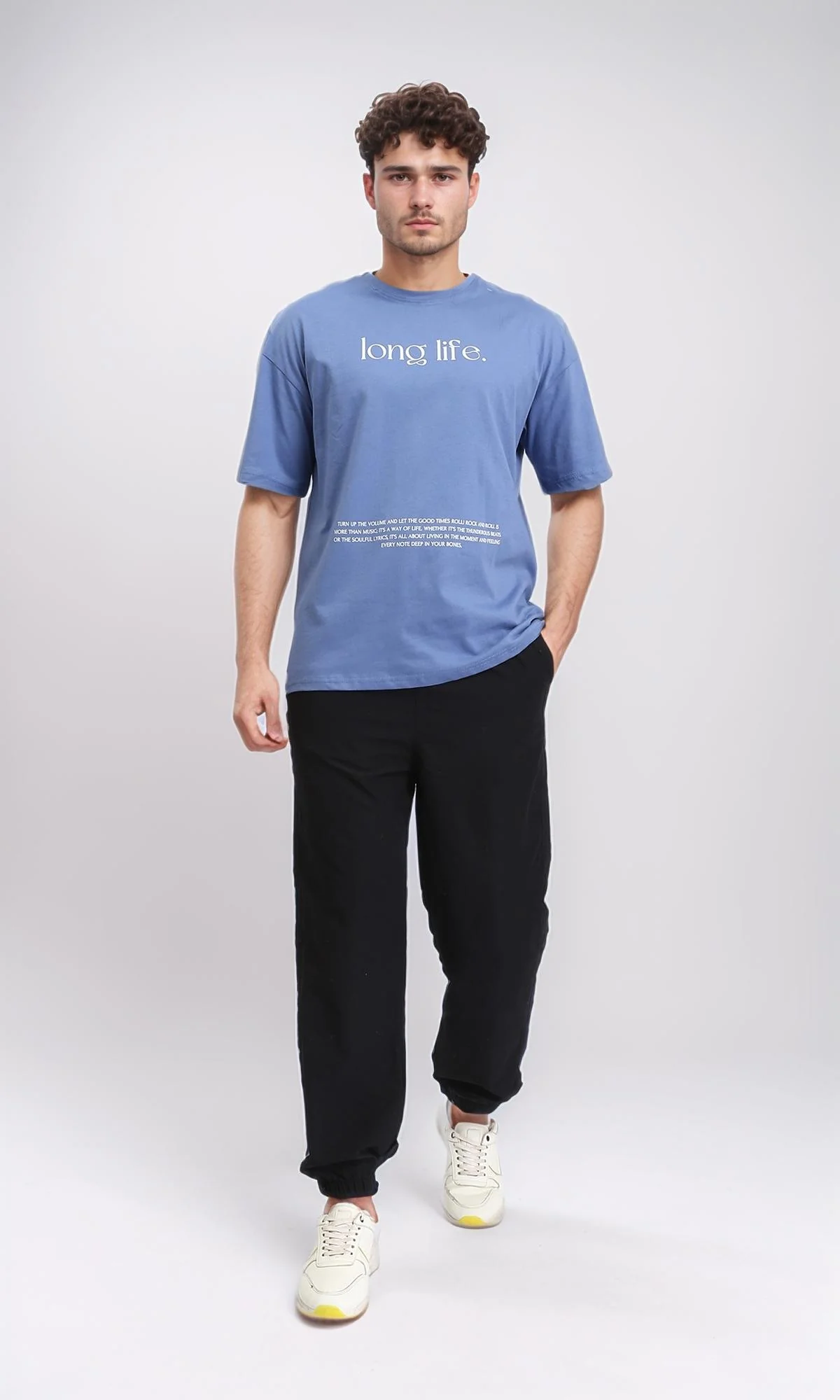 O203135 - Printed "Long Life" Relaxed Tee - Greyish Blue - Image 5