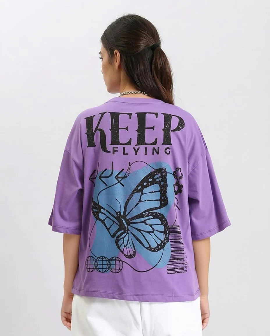 Ravin Purple Oversized 'KEEP FLYING' Graphic T-shirt for Women with Butterfly and Globe Back Print - O203157 - Image 2