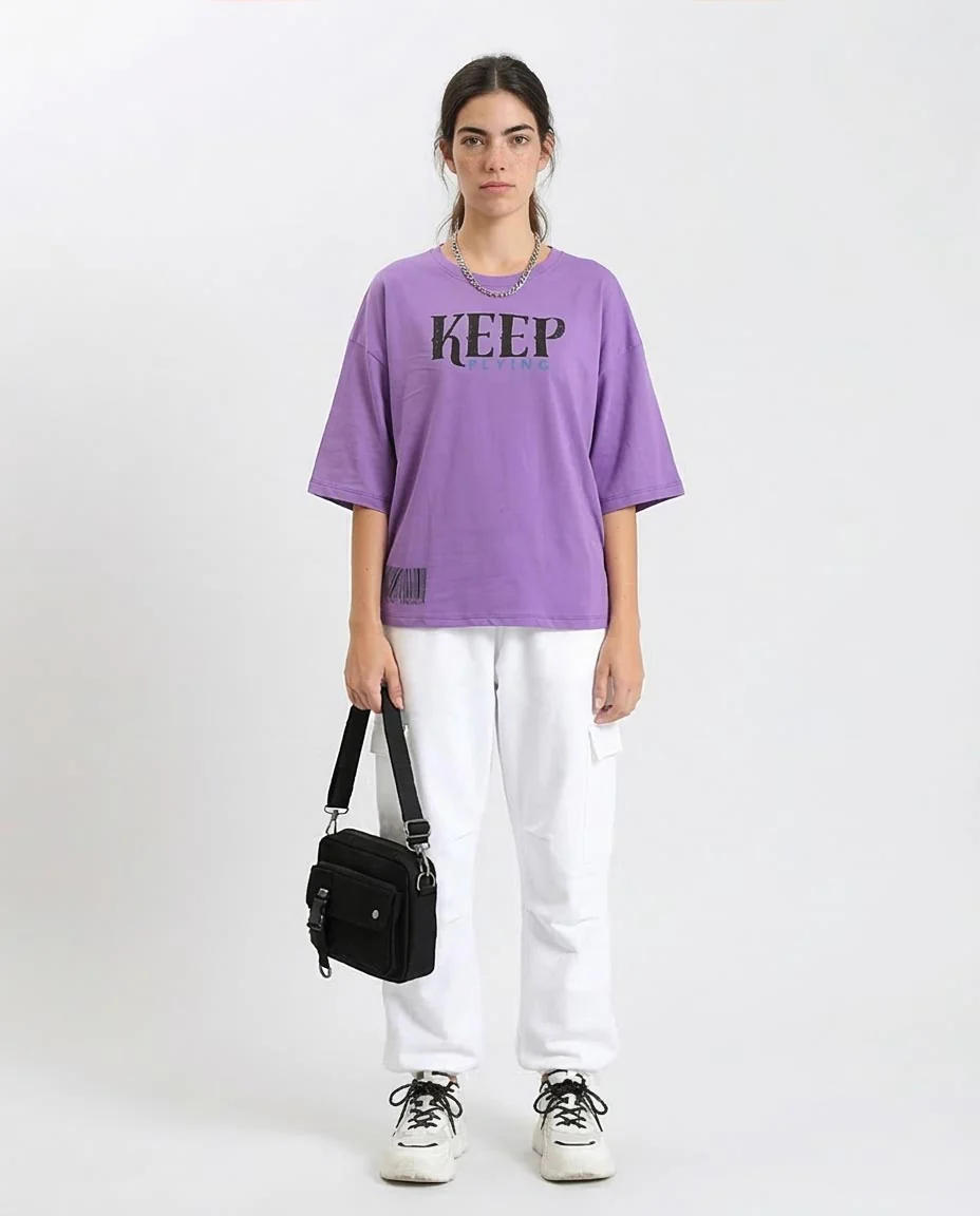 Ravin Purple Oversized 'KEEP FLYING' Graphic T-shirt for Women with Butterfly and Globe Back Print - O203157 - Image 3