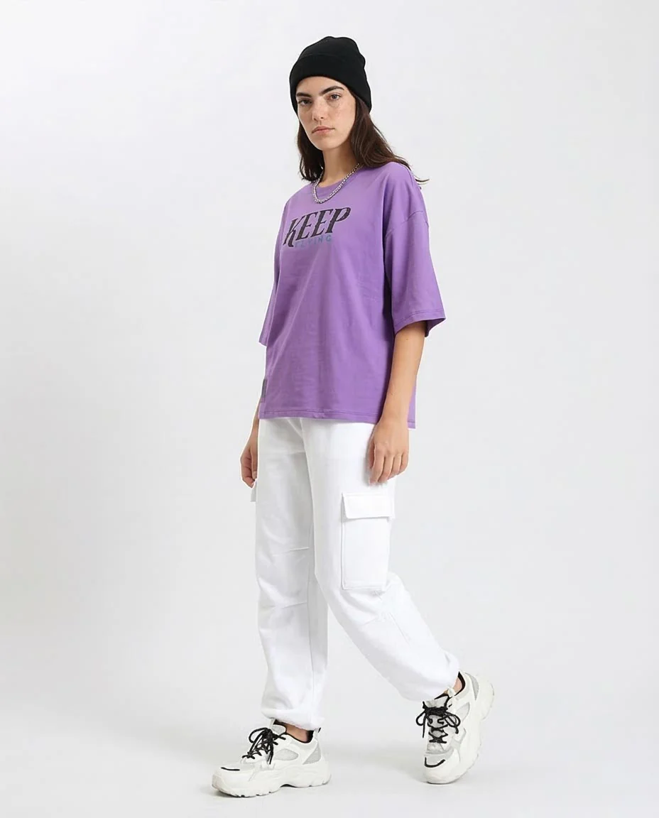 Ravin Purple Oversized 'KEEP FLYING' Graphic T-shirt for Women with Butterfly and Globe Back Print - O203157 - Image 5