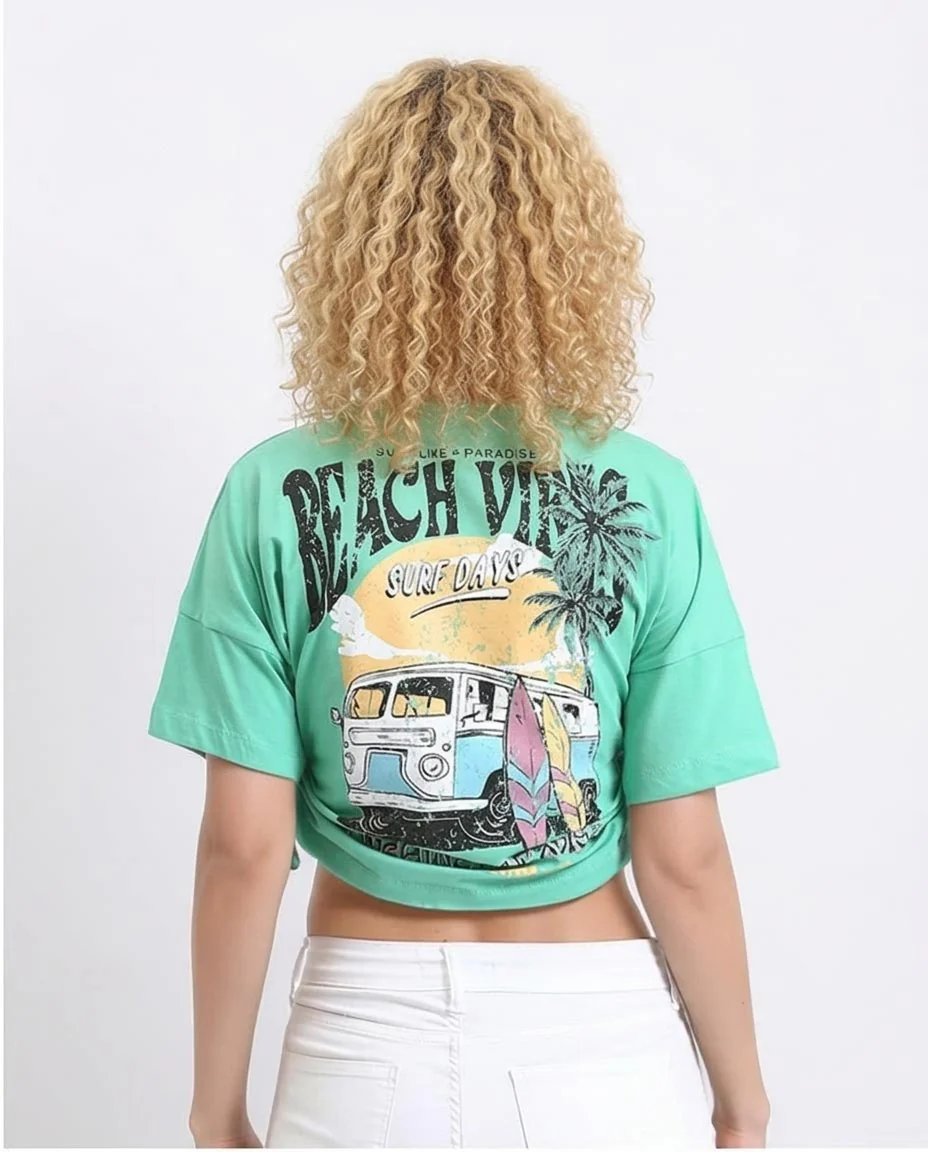 O203163 - Printed Short Tee with Side Drawstring - Light Green - Image 2