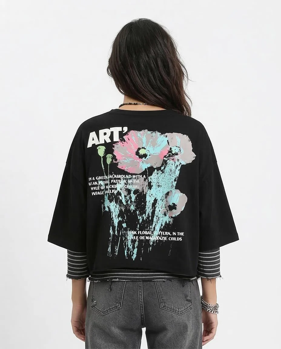 Ravin Women’s "ART" Oversized Crop Tee – Floral Back Print - O203252 - Image 2